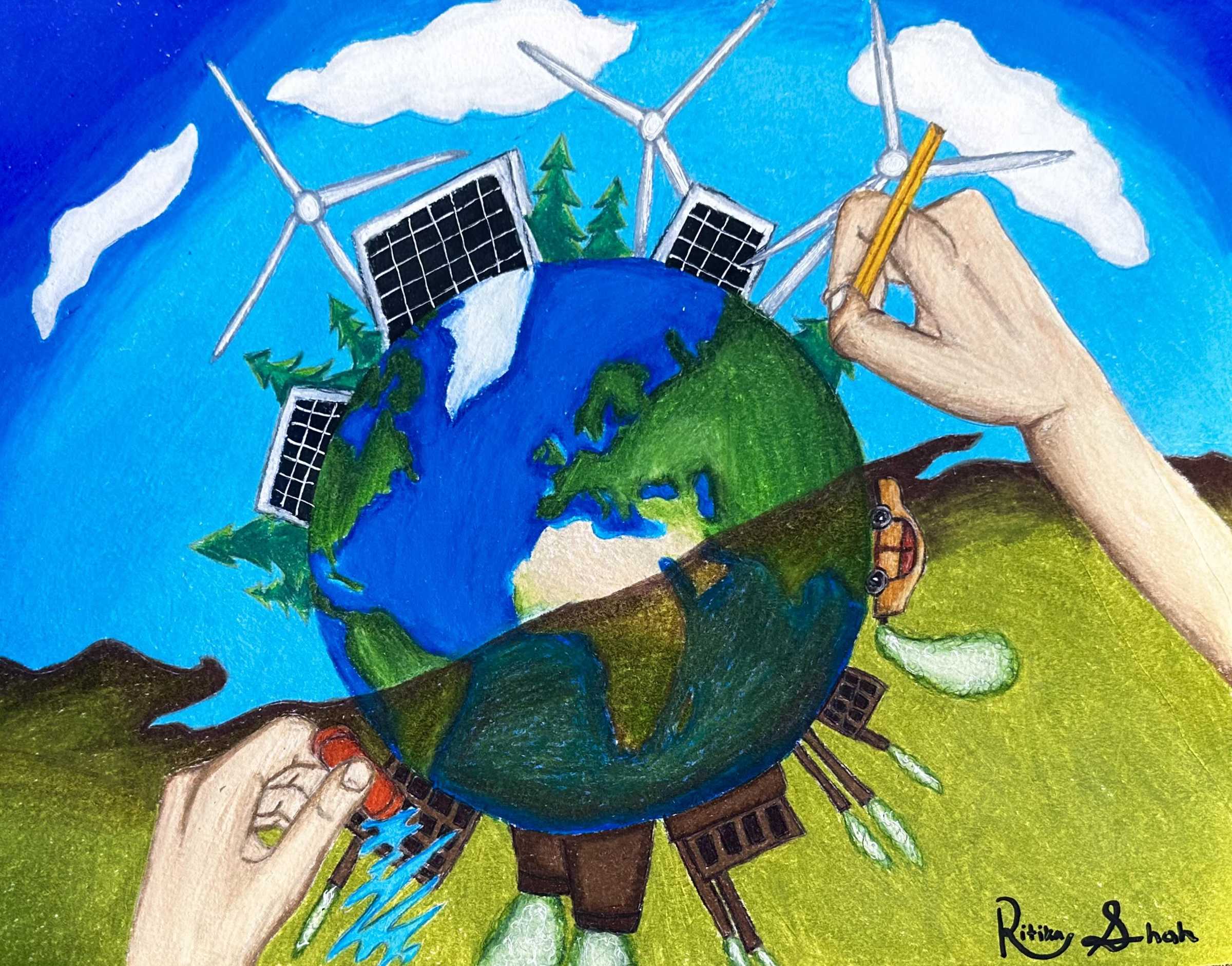 Colored pencil drawing by 8th grader Ritika S. depicting a globe with hand erasing pollution on one side of globe while the other hand redraws action to restore the earth's future.